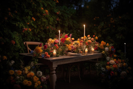 a table, adorned with a beautiful floral centerpiece and candlelight, in the midst of a lush garden, created with generative aiの素材