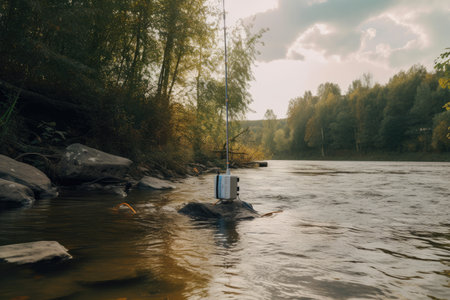 sophisticated iot system using advanced sensors and algorithms to monitor water quality in local river, created with generative aiの素材