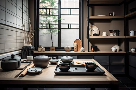 japanese style kitchen, with sleek black and white finishes, japanese ceramic plates, and traditional tea set, created with generative aiの素材