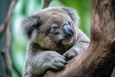 pensive koala sitting in the tree, head tilted and eyes closed, created with generative aiの素材