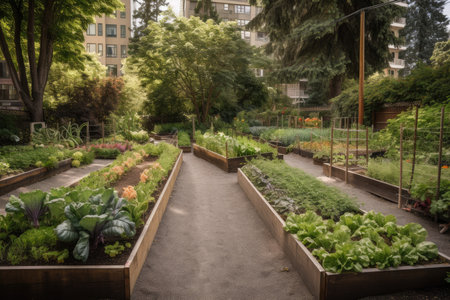 urban garden with rows of vegetables, herbs, and fruits, created with generative aiの素材