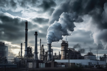chemical factory, with toxic clouds billowing from smokestacks, created with generative aiの素材