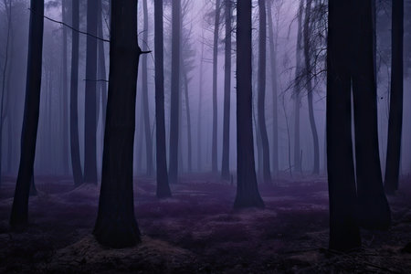 dark purple forest with fog, perfect for a horror or thriller set, created with generative aiの素材