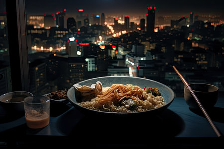 beautiful night scene with view of the city, with ramen bowl and chopsticks in the foreground, created with generative aiの素材