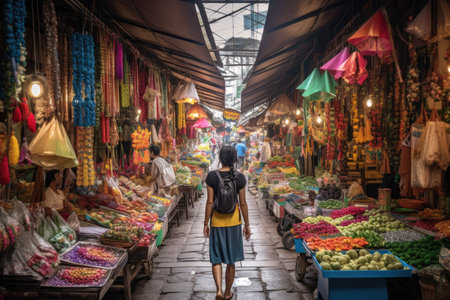 tourist wandering through a bustling market, surrounded by vibrant colors and unique offerings, created with generative aiの素材
