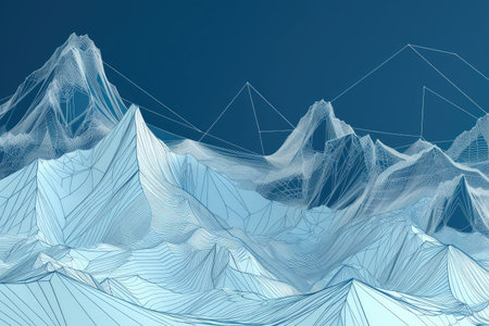 geometric line art of mountain range with peaks and valleys, surrounded by blue sky, created with generative aiの素材