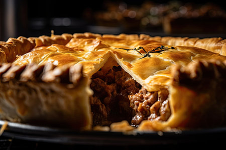 close-up of meat pie, with steam rising from the flaky pastry crust and filling, created with generative aiの素材