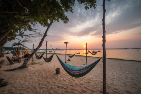 campsite with beach views, hammocks, and lanterns, created with generative aiの素材