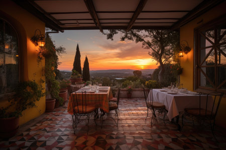 a tiled patio with view of the sunset, set for a romantic al fresco dinner, created with generative aiの素材