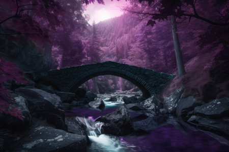 magical dark purple forest with stone bridge and crystal clear stream, created with generative aiの素材