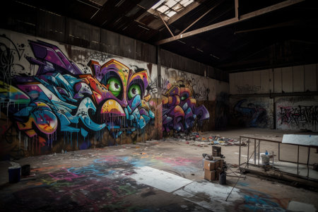 graffiti sprayer artist creating intricate and detailed mural in abandoned warehouse, created with generative aiの素材