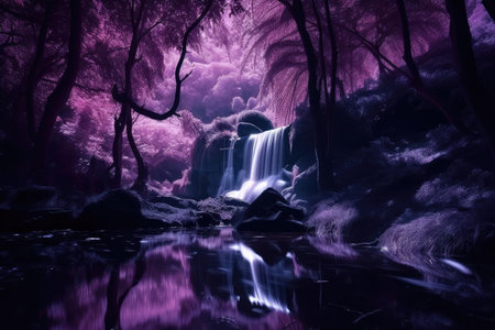 magical dark purple forest with cascading waterfall and glittering reflections, created with generative aiの素材