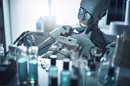 robot administering injection to patient, with view of medical supplies visible in the background, created with generative aiの素材