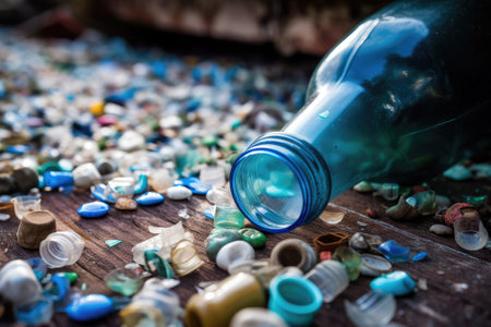 microplastic bottle broken into pieces, surrounded by other plastic debris, created with generative aiの素材