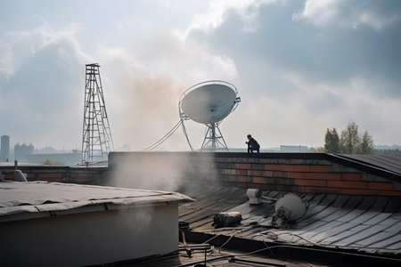 installing a satellite dish on the roof of industrial building, with smoke coming from chimneys, created with generative aiの素材