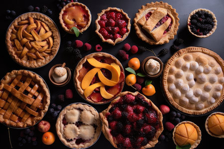 pies and tarts in various shapes and sizes, with fruit filling, created with generative aiの素材