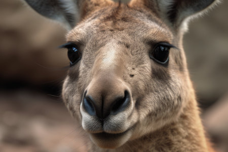 close-up of kangaroos face, with its big round eyes and furry features, created with generative aiの素材
