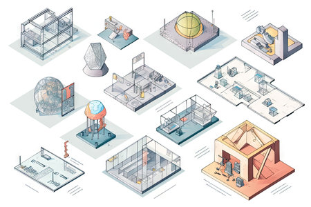 collection of isometric and axonometric diagrams, each illustrating a different scientific or technical principle, created with generative aiの素材