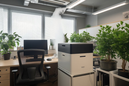 air purifier in office workspace, removing pollutants and promoting healthy breathing environment, created with generative aiの素材