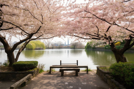 cherry blossom garden with view of tranquil lake, created with generative aiの素材