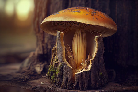 magic mushroom growing out of decaying tree trunk, created with generative aiの素材