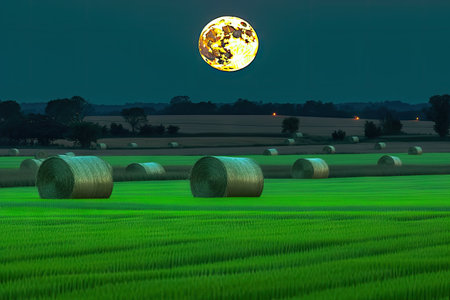 lush green field of wheat being harvested under the glow of the harvest moon, created with generative aiの素材