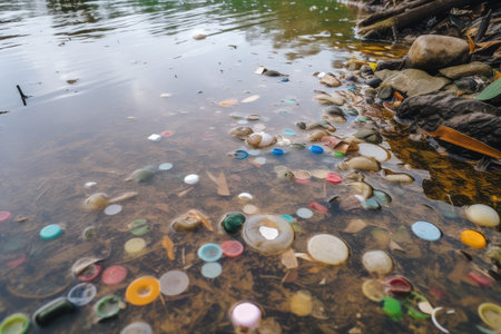 microplastic contamination of sediment in a river, with the plastics visible, created with generative aiの素材