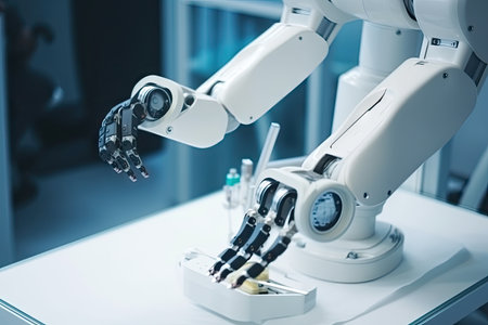 medical robot performing delicate , with human hand visible in frame, created with generative aiの素材