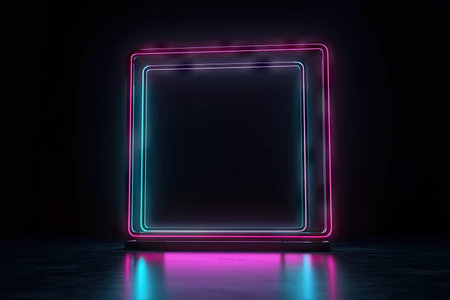 neon frame mockup on black background with dramatic lighting, created with generative aiの素材