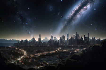 galactic city, with view of starry night sky and distant planets, created with generative aiの素材