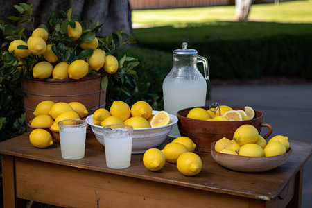 lemonade stand with fresh lemons and sugar bowl nearby, created with generative aiの素材