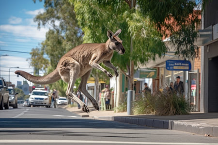 kangaroo bouncing and hopping on busy city street, created with generative aiの素材
