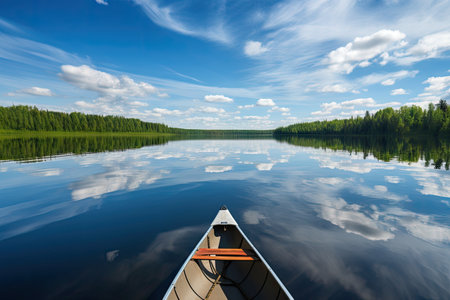 canoeing on calm lake, with water reflecting the blue sky, created with generative aiの素材