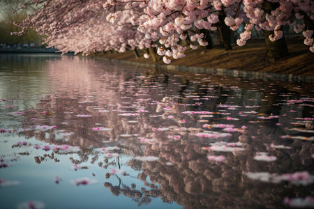 cherry blossom petals floating on tranquil lake, created with generative aiの素材