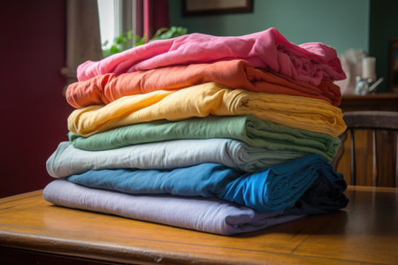 a colorful stack of freshly laundered linens, ready to be used, created with generative aiの素材