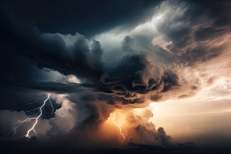 close-up of storm clouds, with lightning illuminating the sky, created with generative aiの素材