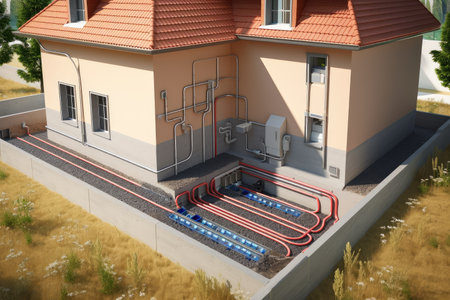 geothermal energy system in residential house, providing heat and hot water, created with generative aiの素材