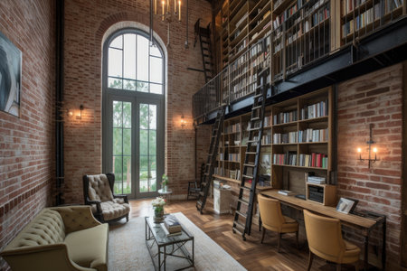 architecturally interesting library, featuring exposed brick walls and high ceilings, created with generative aiの素材
