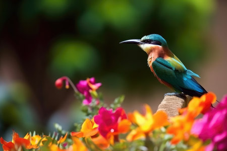 exotic bird on colorful flower, in tranquil garden, created with generative aiの素材
