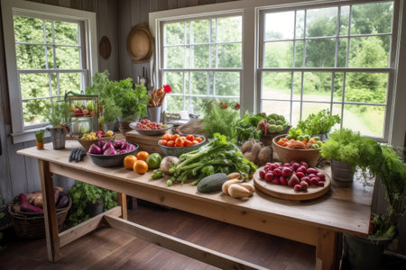 a rustic farmhouse table surrounded by fresh fruit, vegetable and herbs, created with generative aiの素材