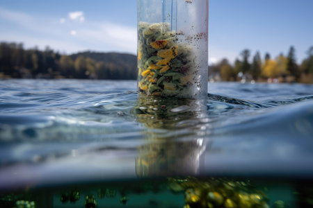 microplastic particles suspended in the water column of a lake, created with generative aiの素材