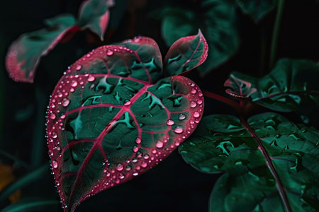 close-up of neon plant with dew drops on the leaves, created with generative aiの素材