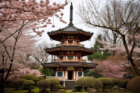 japanese pagoda surrounded by cherry blossom trees, providing a welcome springtime escape, created with generative aiの素材