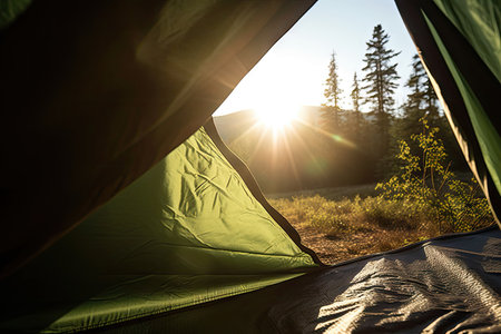 close-up of tent flaps with morning light shining through, created with generative aiの素材