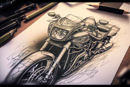 close-up of detailed motorcycle design sketch, with pencil lines and shading visible, created with generative aiの素材