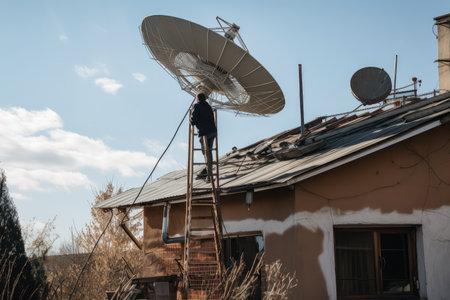 person, climbing up the roof of house, installing satellite dish for clear view of the sky, created with generative aiの素材