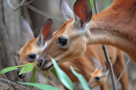 kangaroo mother nibbling on her favorite leaf while her joey gazes out from the safety of its pouch, created with generative aiの素材