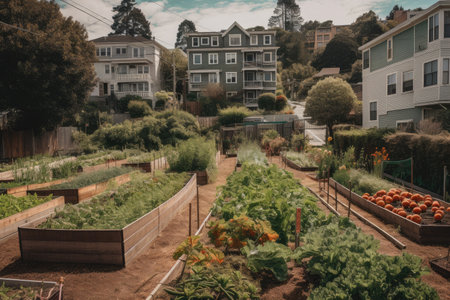 community garden filled with rows of vegetables and herbs, providing fresh produce for the neighborhood, created with generative aiの素材