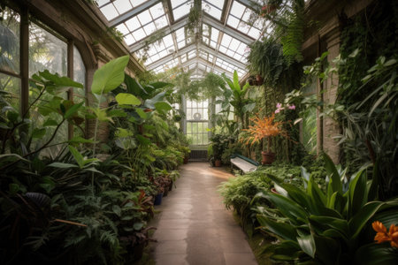 greenhouse filled with tropical plants and flowers, providing a serene atmosphere, created with generative aiの素材