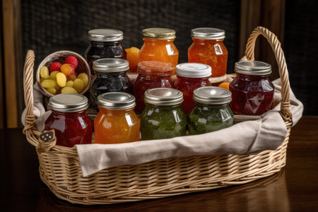 basket filled with variety of homemade preserves, including jams, jellies and marmalades, created with generative aiの素材